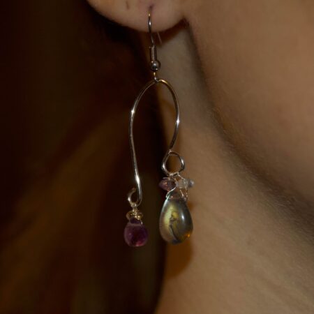 orecchino in labradorite, ametista, quarzo ialino