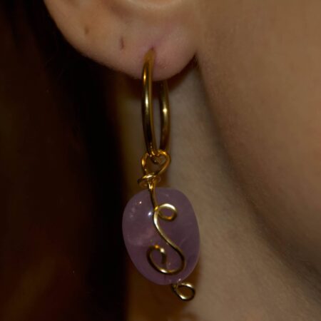 Orecchini in Quarzo Rosa – Cerchio Dorato con Dettaglio Wire