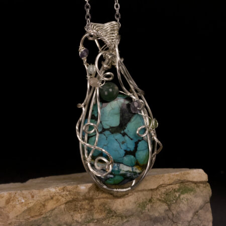 Collana Turchese Tibetano con Agata muschiata, Pietra di Luna, Tanzanite, Acquamarina